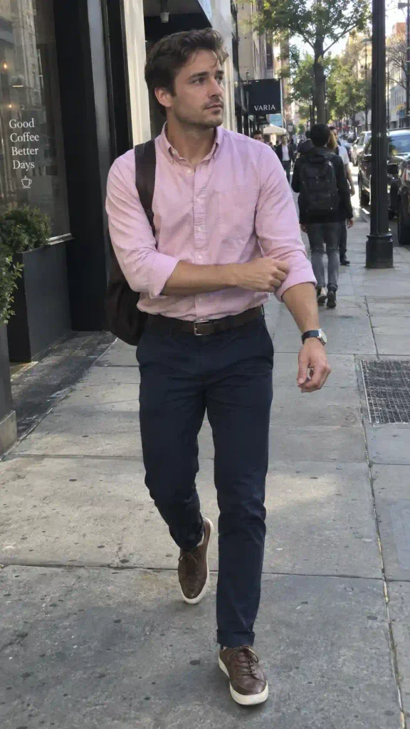 Pastel pink oxford with navy chinos