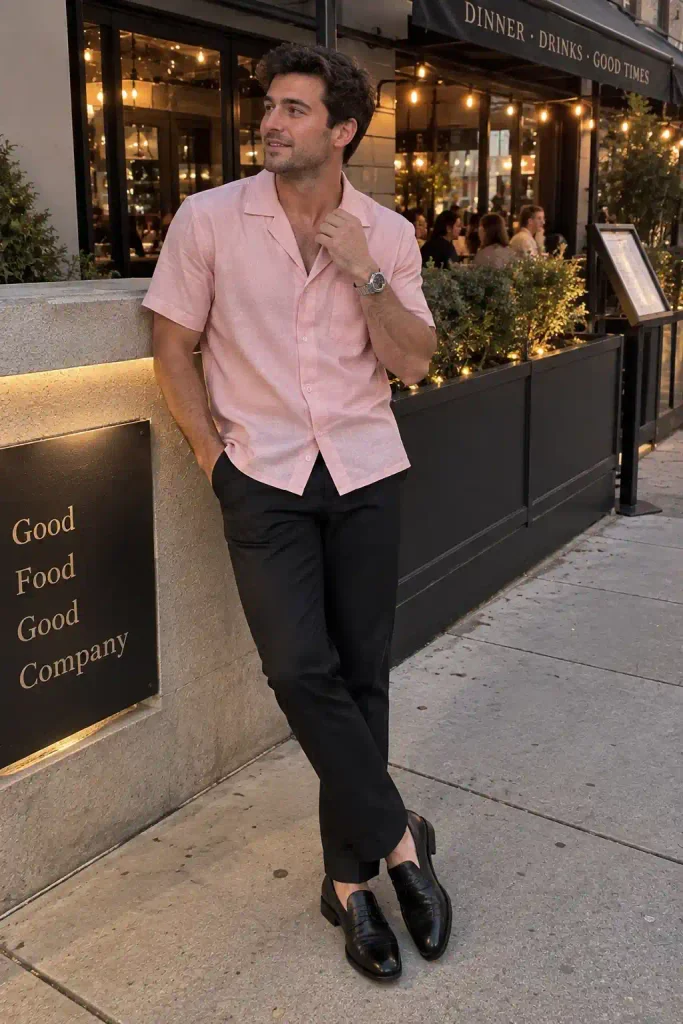Pink Cuban collar shirt with black trousers