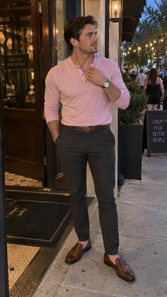 Pink Henley with tailored trousers