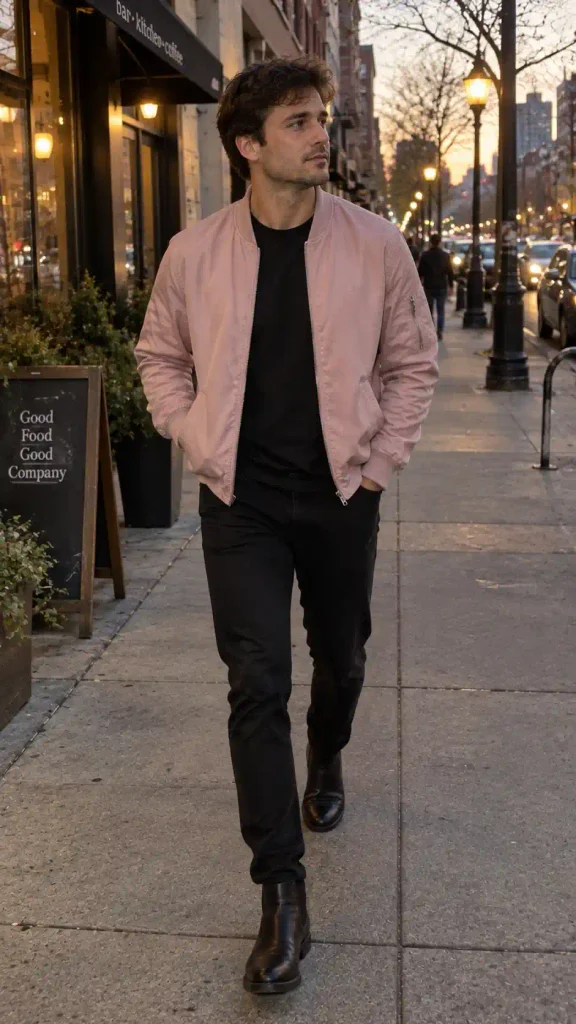 Pink bomber jacket over black