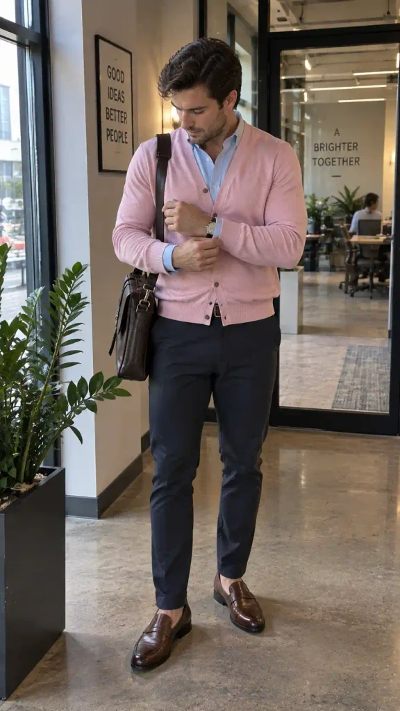 Pink cardigan over a collared shirt