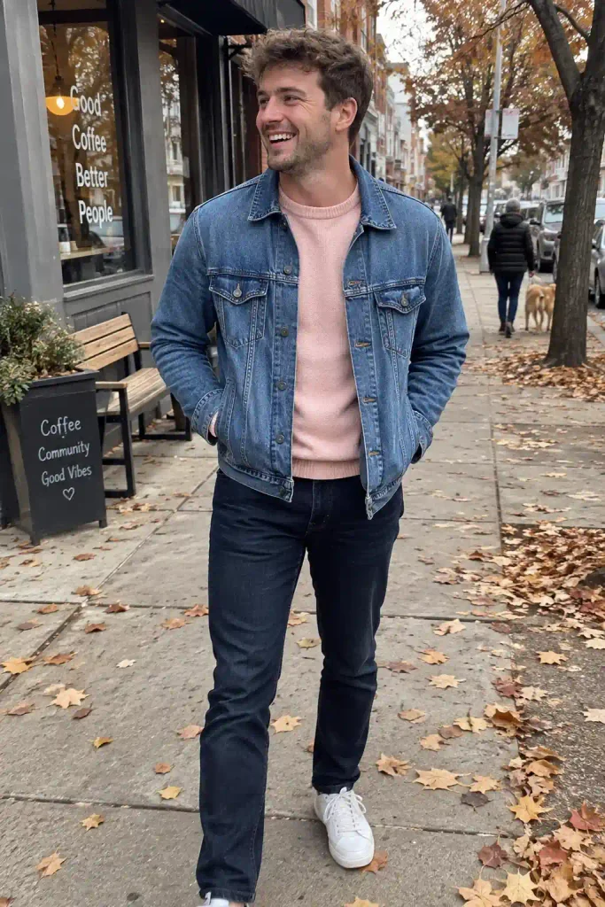 Pink crewneck sweater under a denim jacket
