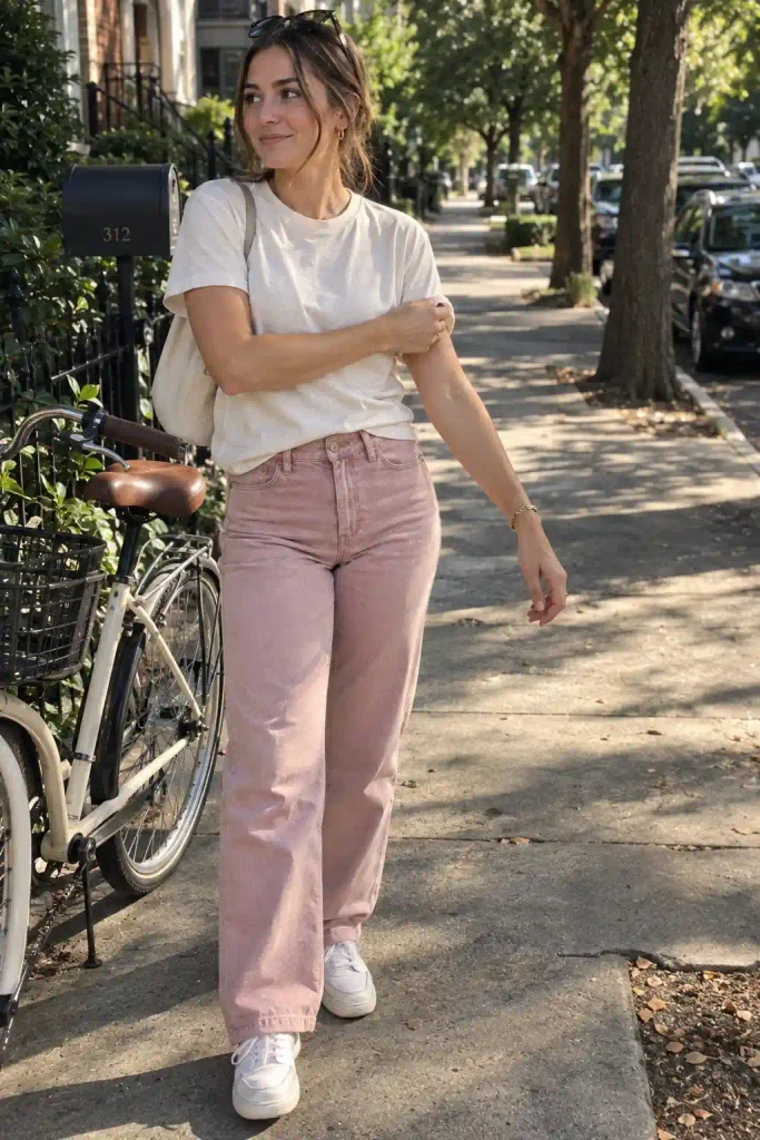Pink denim with a cream tee