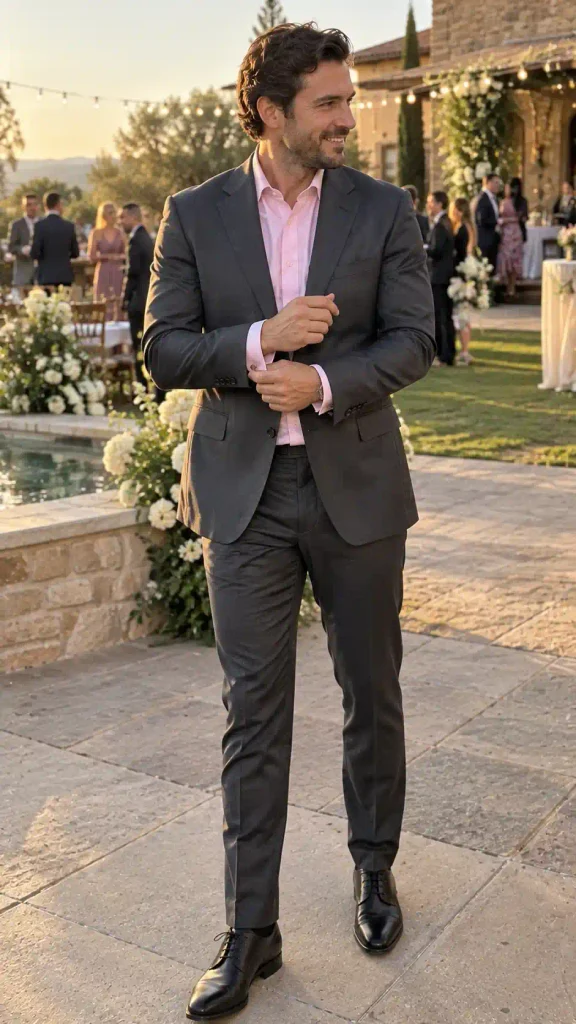 Pink dress shirt with a full charcoal suit