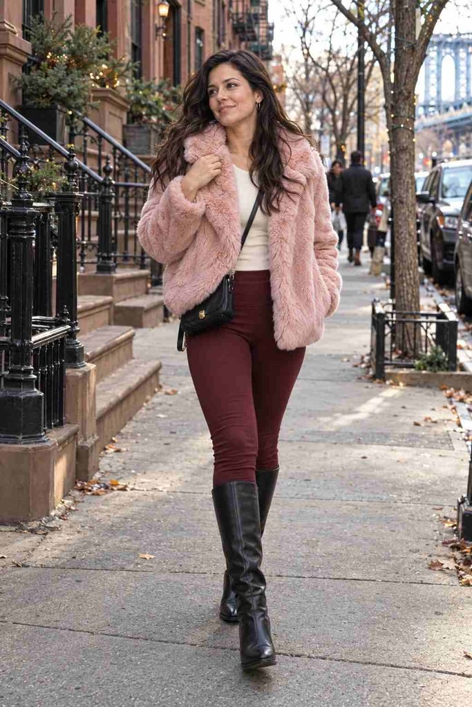 Pink faux fur coat with