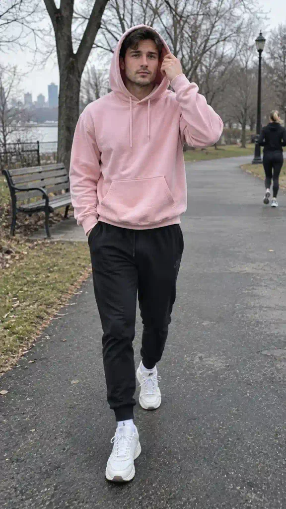 Pink hoodie with black joggers