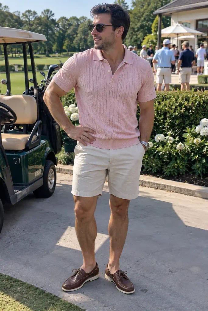 Pink knit polo with tailored shorts