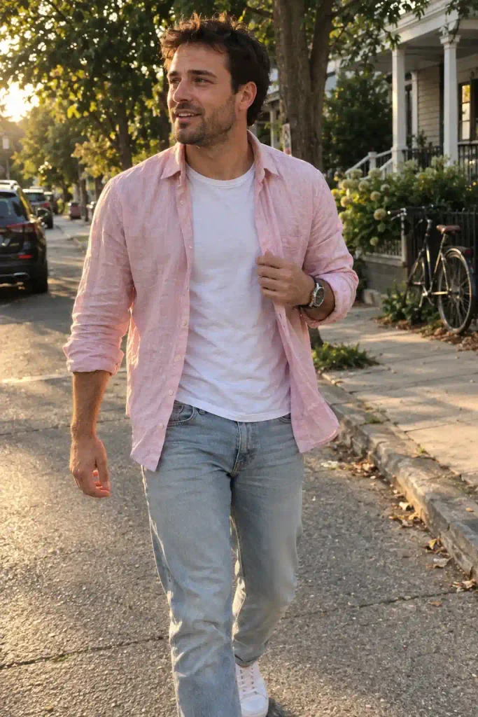 Pink linen shirt over a white tee