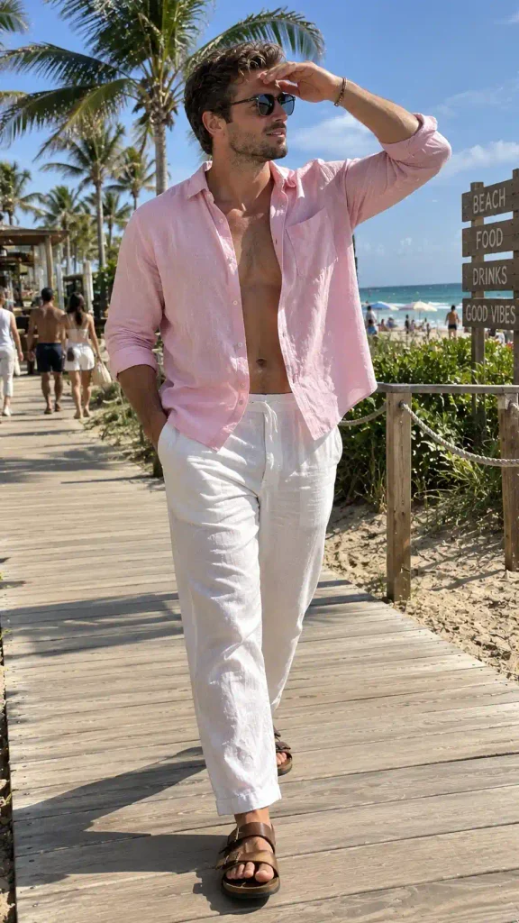 Pink linen shirt with white trousers