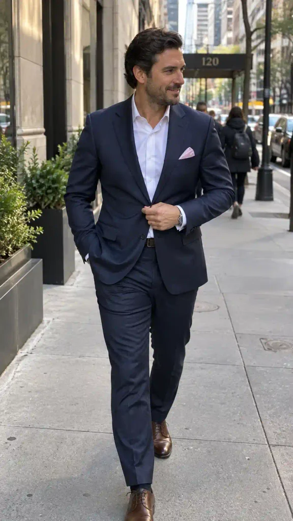 Pink pocket square with a navy suit