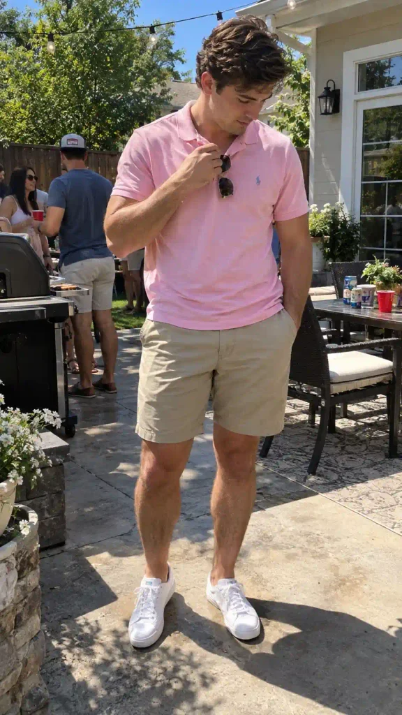 Pink polo and khaki shorts