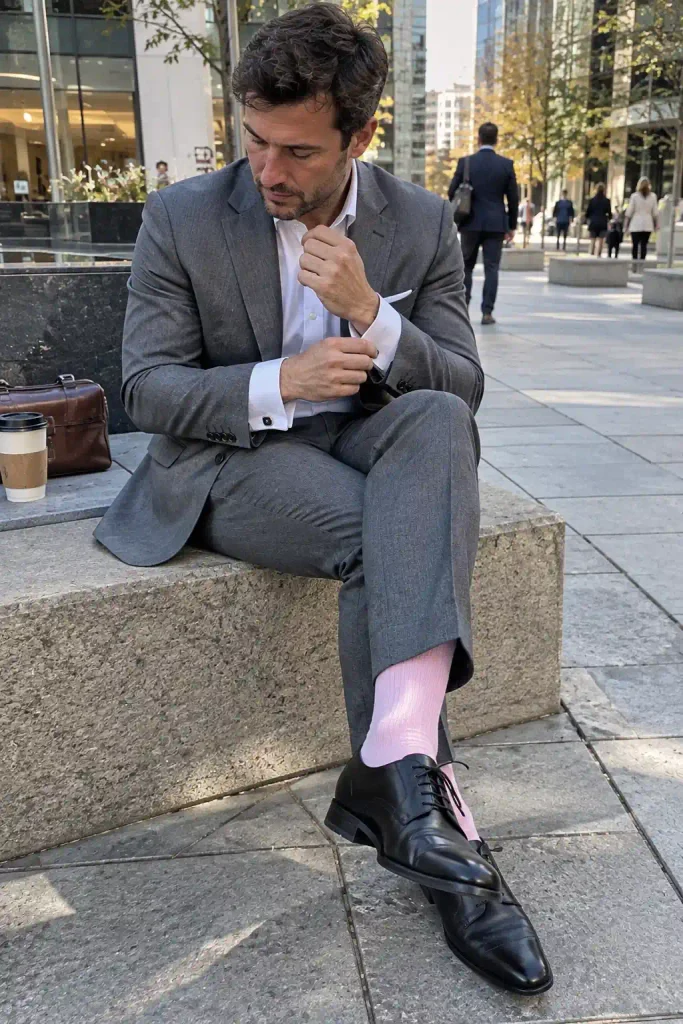 Pink socks with a grey suit