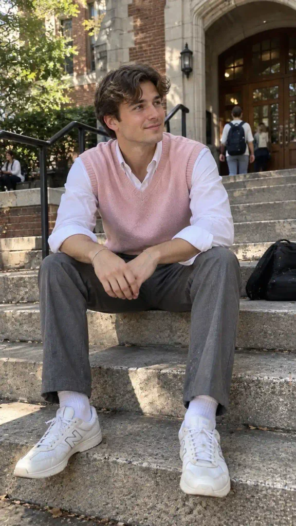 Pink sweater vest over a white shirt