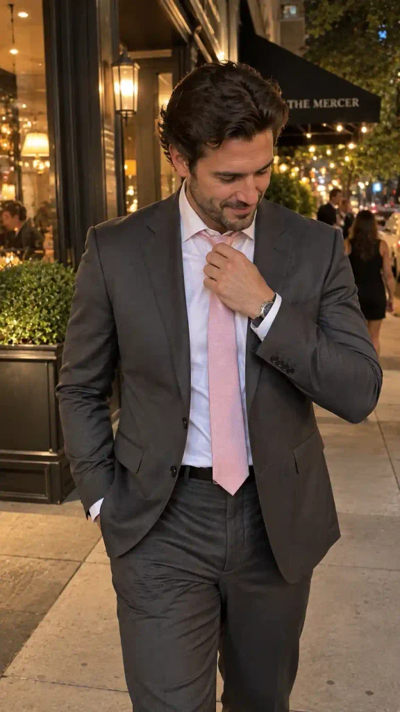 Pink tie with a charcoal suit