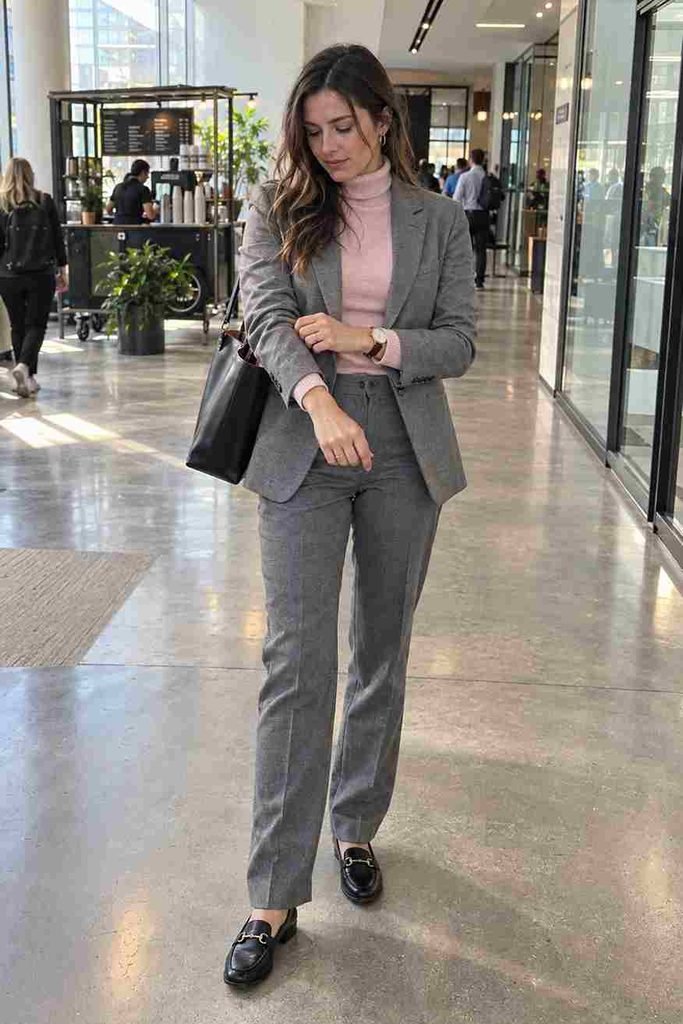 Pink turtleneck under a grey blazer