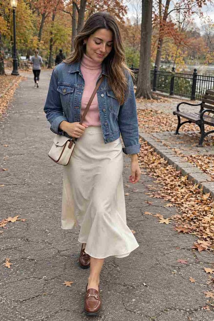 Pink turtleneck with a denim