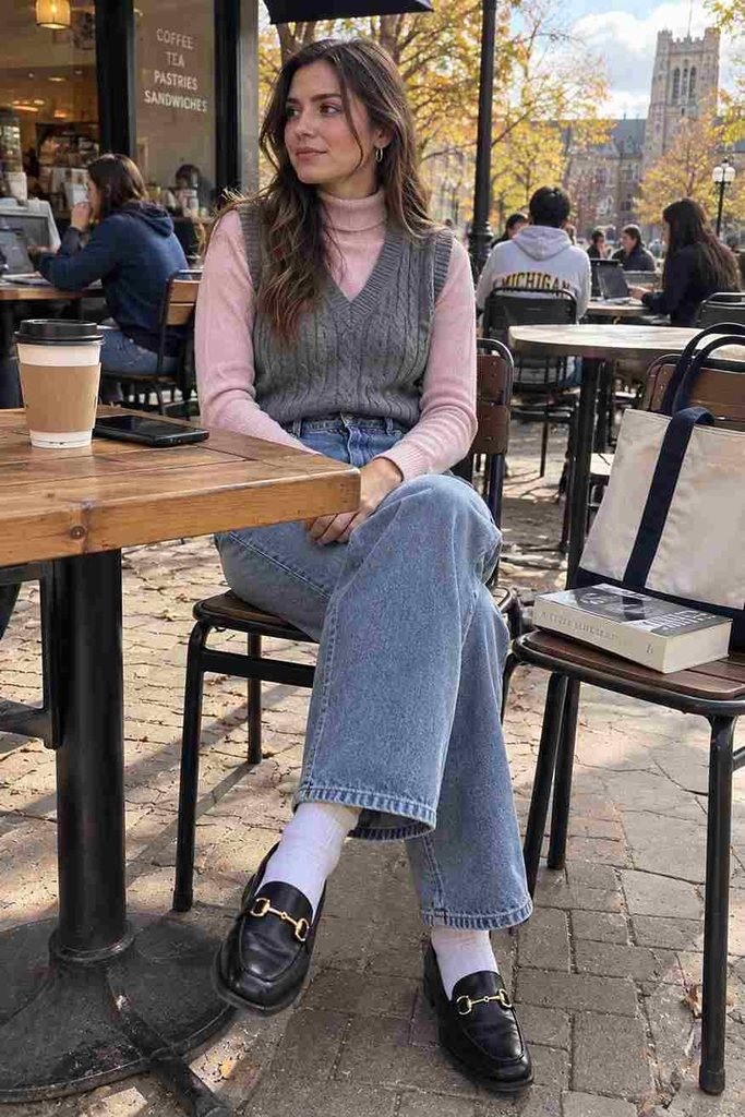 Pink turtleneck with a grey sweater vest