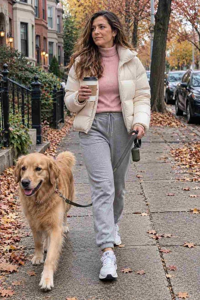 Pink turtleneck with a puffer jacket and joggers