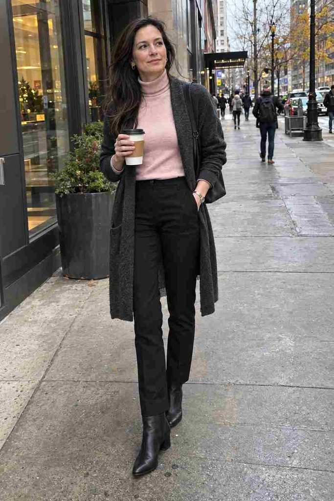 Pink turtleneck with tailored