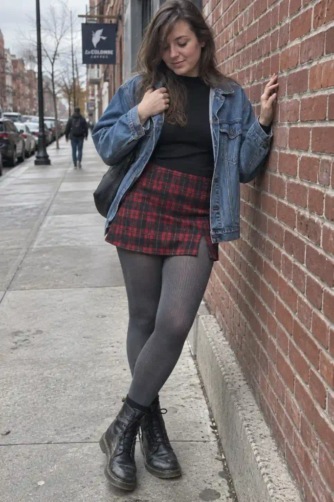 Plaid skirt with grey tights and combat