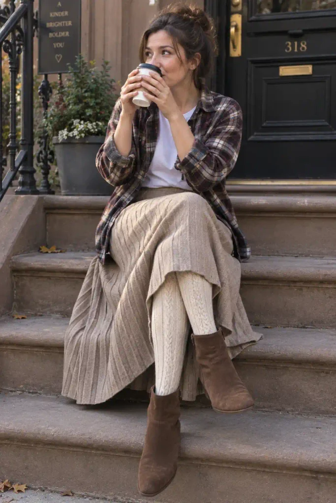 Pleated long skirt with cable