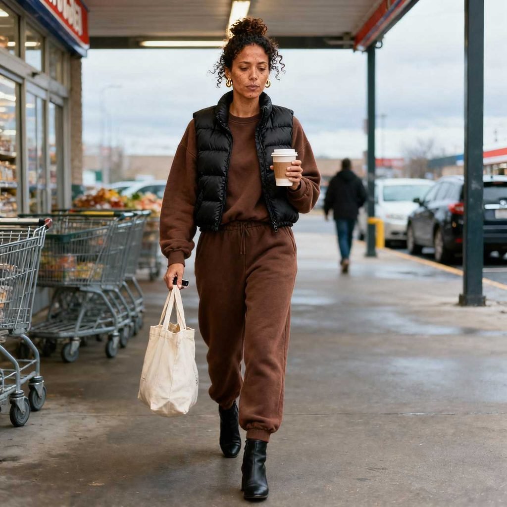 Puffer vest over a matching lounge set