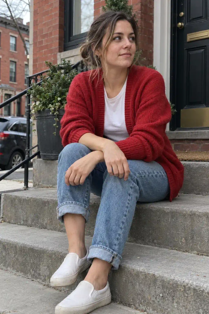 Red cardigan over a white tee,