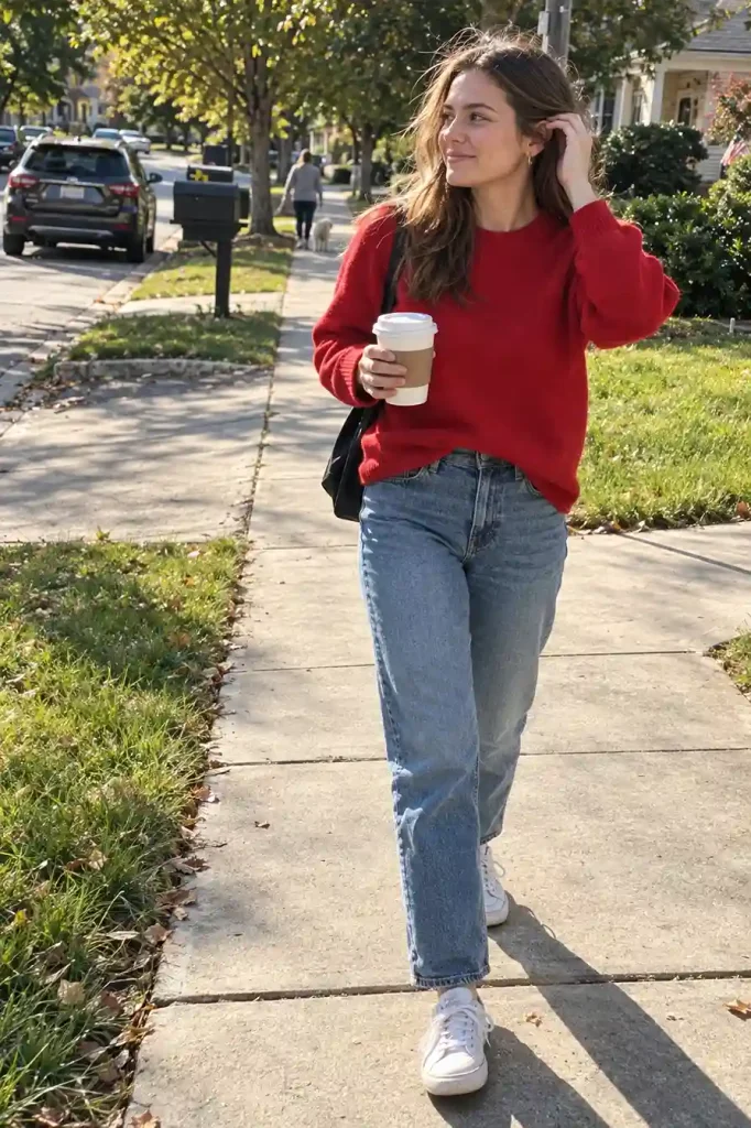 Red crewneck sweater, straight