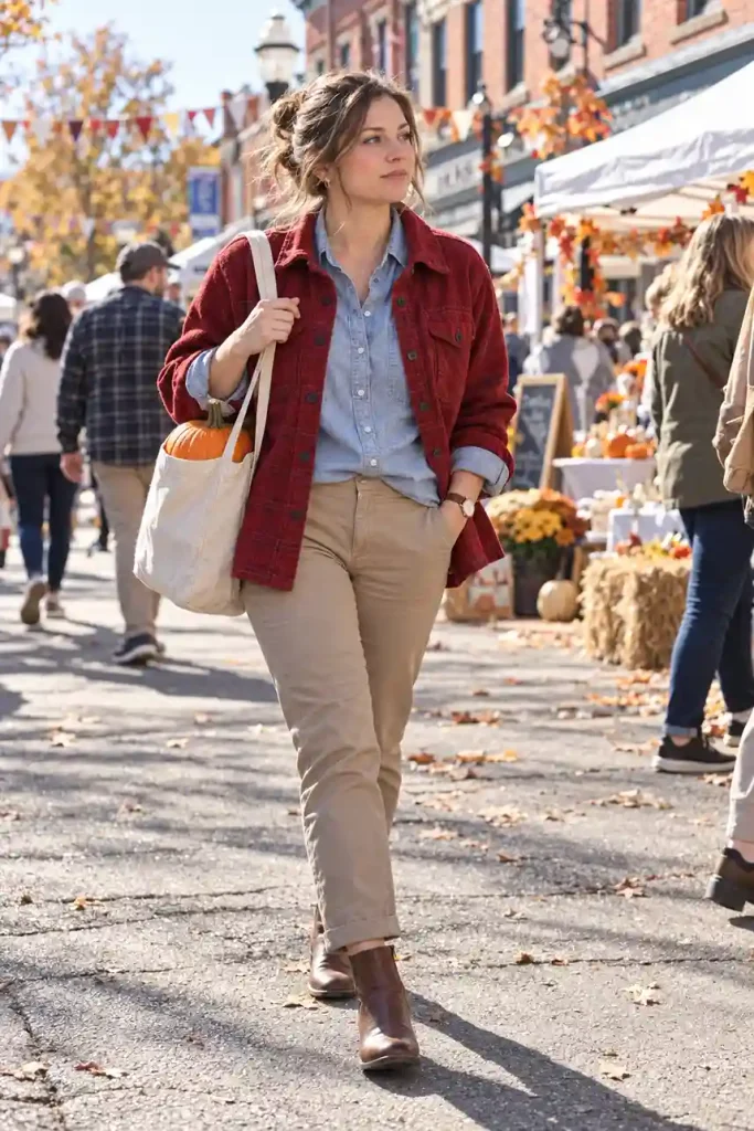 Red shacket with a denim shirt and khaki pants