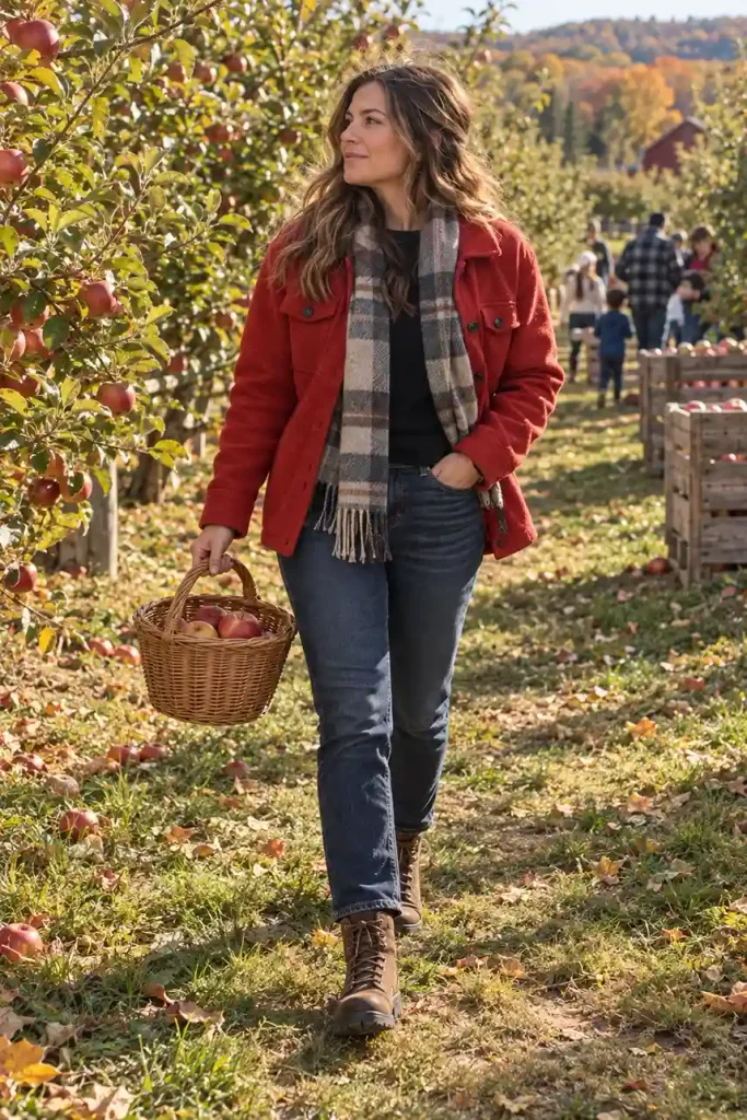 Red shacket with a flannel scarf and hiking