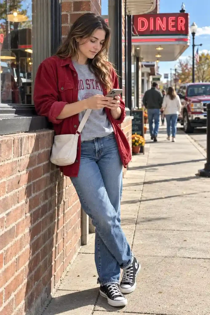 Red shacket with a graphic sweatshirt