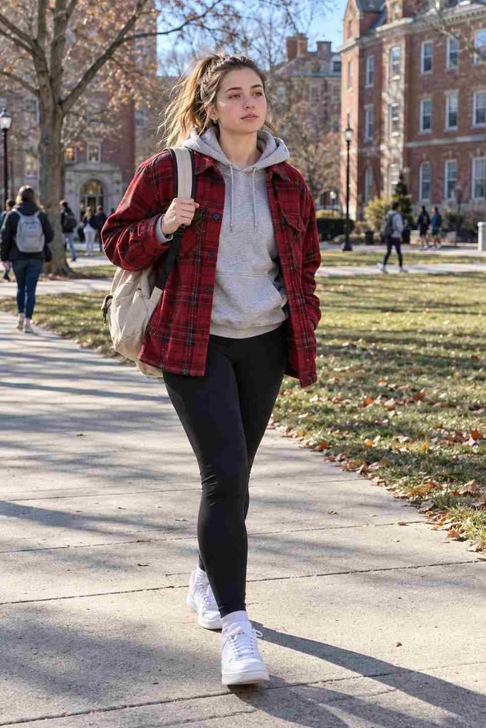 Red shacket with a gray hoodie underneath