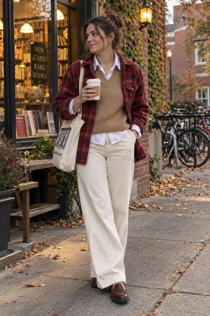 Red shacket with a knit vest and wide-leg pants