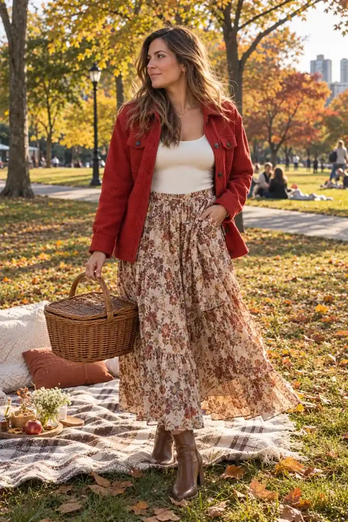 Red shacket with a maxi skirt