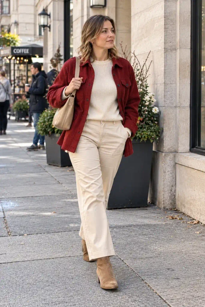 Red shacket with a monochrome