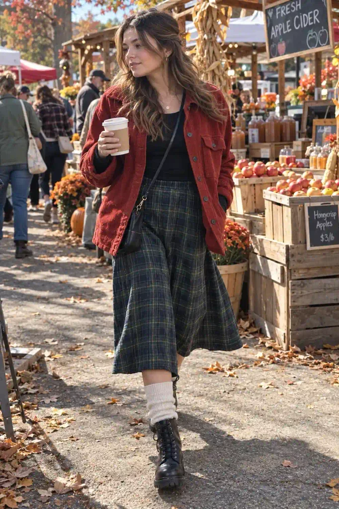 Red shacket with a plaid skirt and knee socks