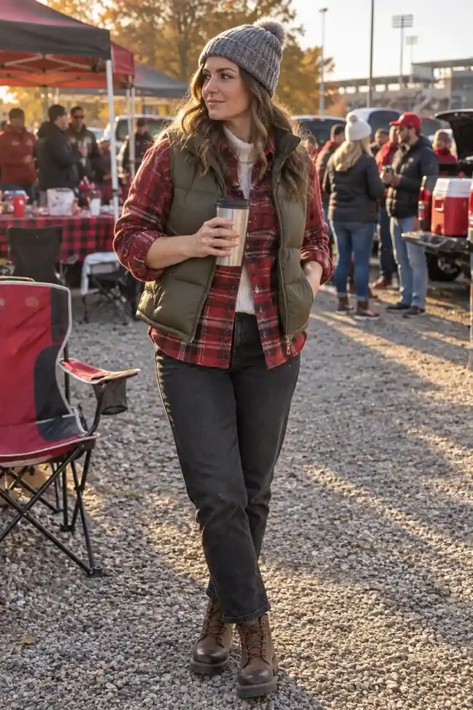 Red shacket with a puffer vest