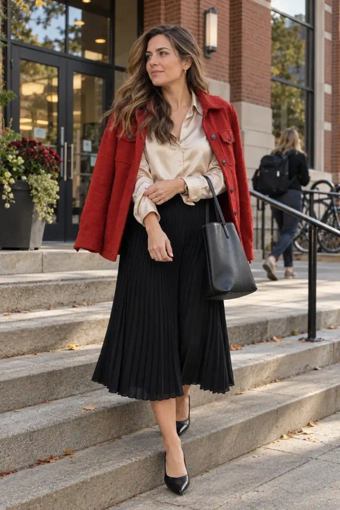 Red shacket with a silk blouse and midi skirt