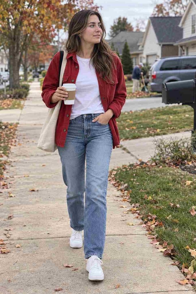 Red shacket with a white tee and