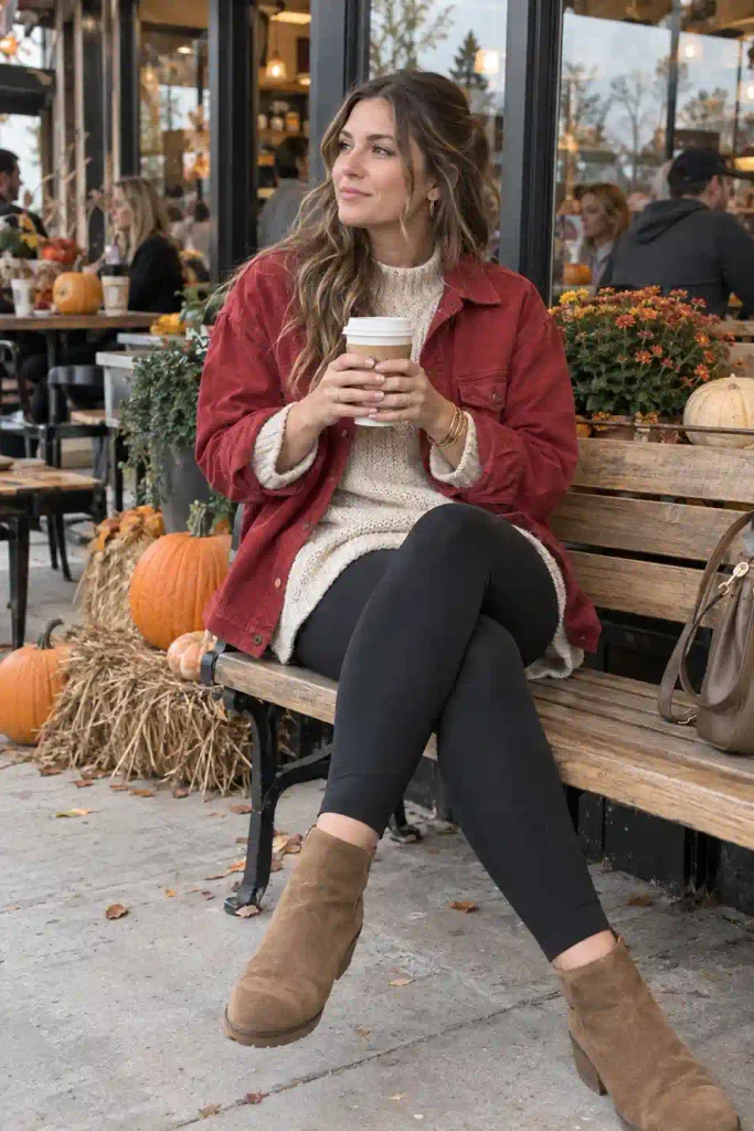 Red shacket with an oversized sweater