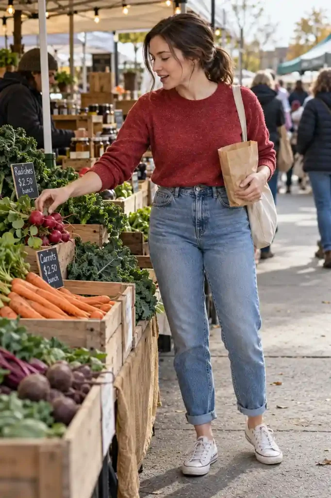 Red sweater tucked into