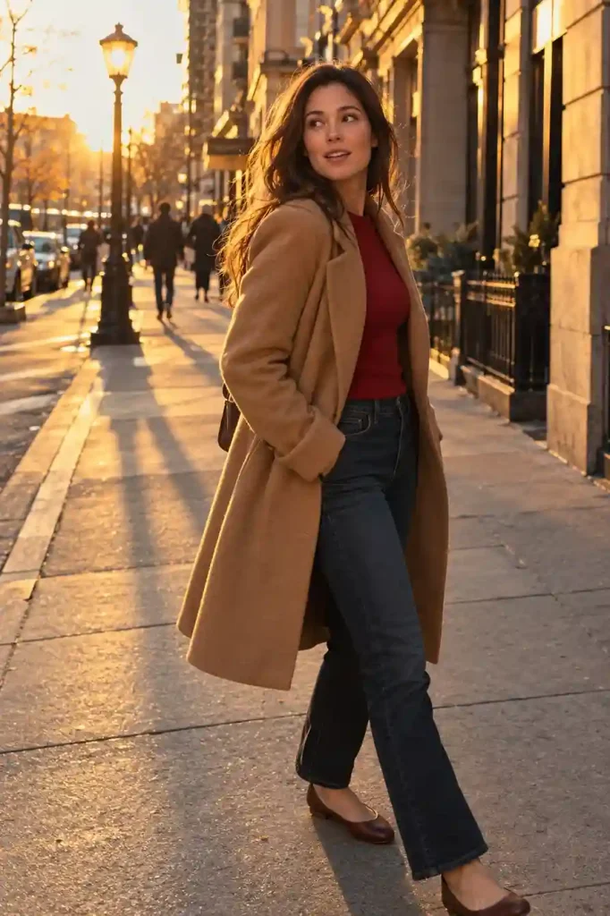 Red sweater under a camel