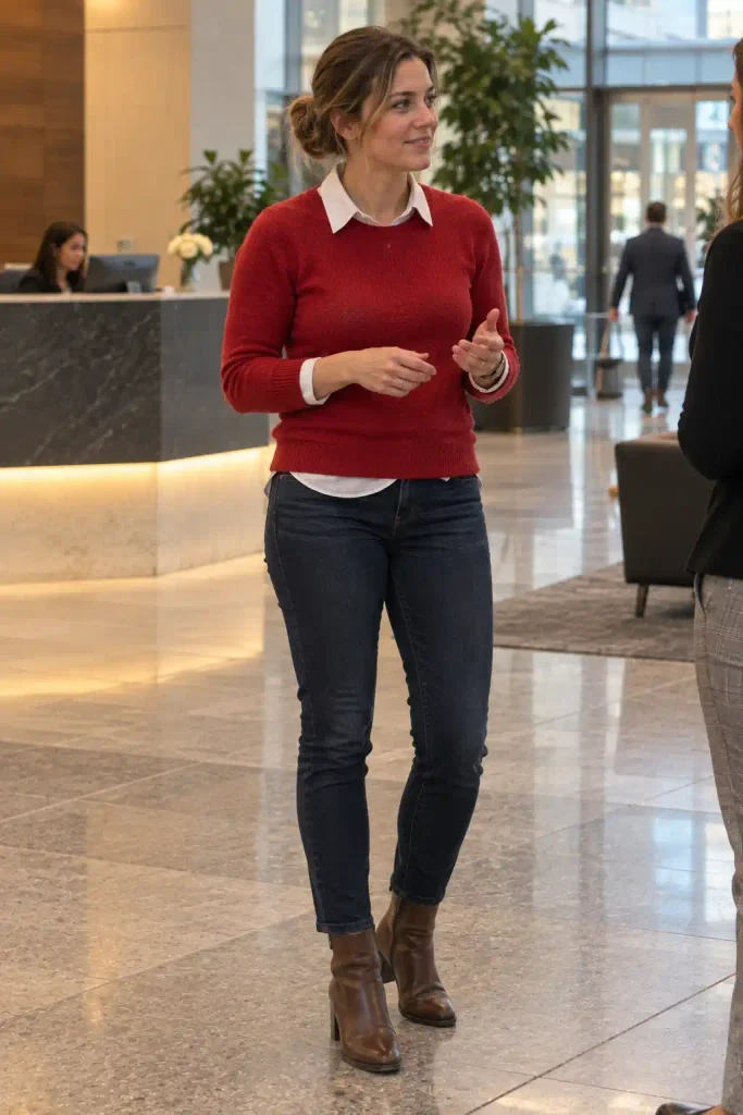 Red sweater with a collared shirt