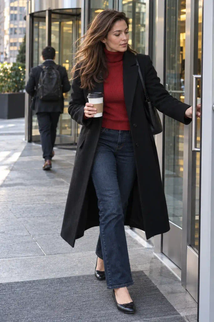 A real American woman in her late twenties stands in an office lobby, caught mid-conversation with her head turned slightly to one side as if responding to someone. Her red sweater layers over a white collared shirt, the collar peeking out neatly at her neckline with a small natural wrinkle where the shirt fabric folds beneath the sweater. Dark jeans are visible beneath the sweater's hem, ending above brown ankle boots, the leather slightly creased at the ankle from walking. Her hands are relaxed, one gesturing slightly as if mid-sentence. Her hair is neatly tied back with a few loose strands near her temple. Her skin shows natural indoor lighting tones with subtle, realistic texture. Her expression is engaged and natural, a small, genuine smile forming as she listens or responds, not posed for the camera. The shot is framed front-facing, taken at eye level from a few feet away as if a colleague nearby snapped a candid photo during a conversation, slightly off-center with the lobby's reception desk faintly visible behind her. Soft natural light spills in through the lobby's large windows, creating even, diffused lighting with gentle shadows along the floor. The background shows a modern office lobby, a potted plant, and a blurred visitor walking through in the distance. Natural grain, candid and warm, no artificial studio lighting.