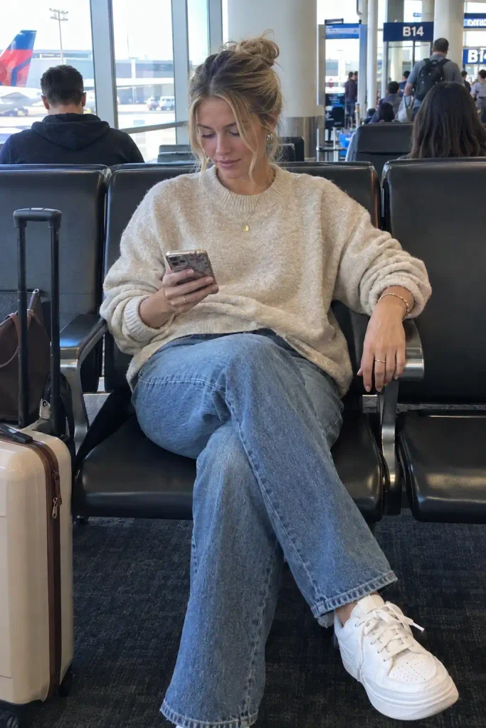 Relaxed jeans with an oatmeal-