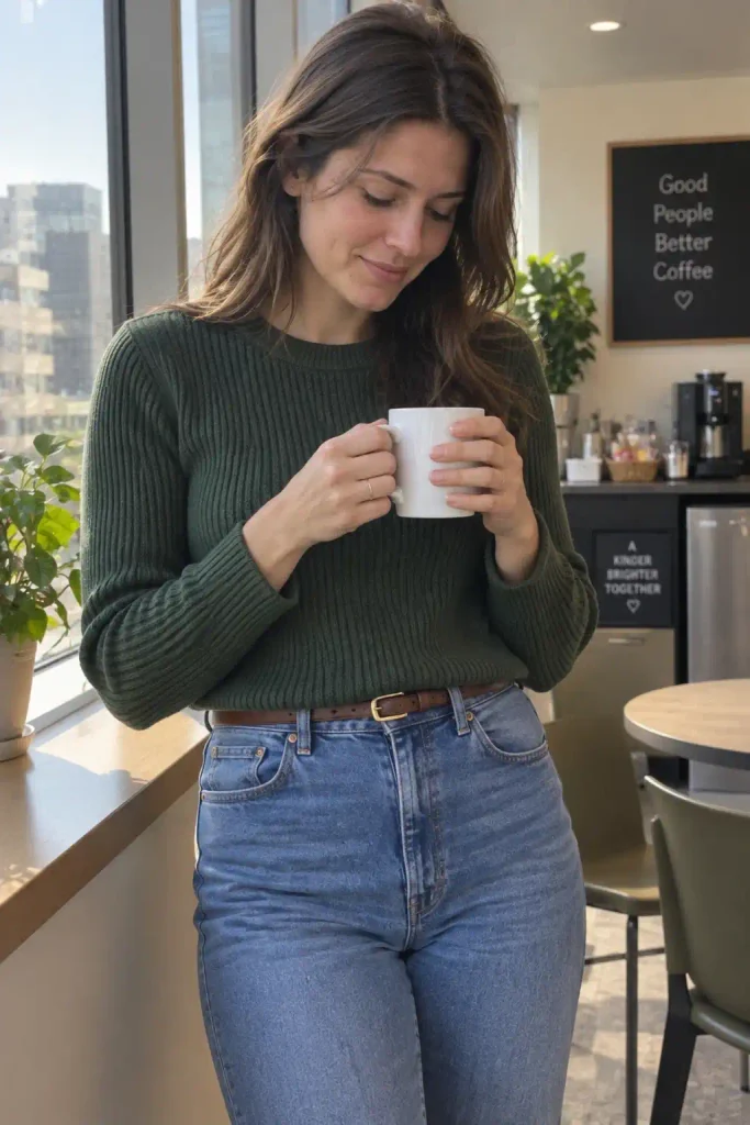 Ribbed green sweater tucked