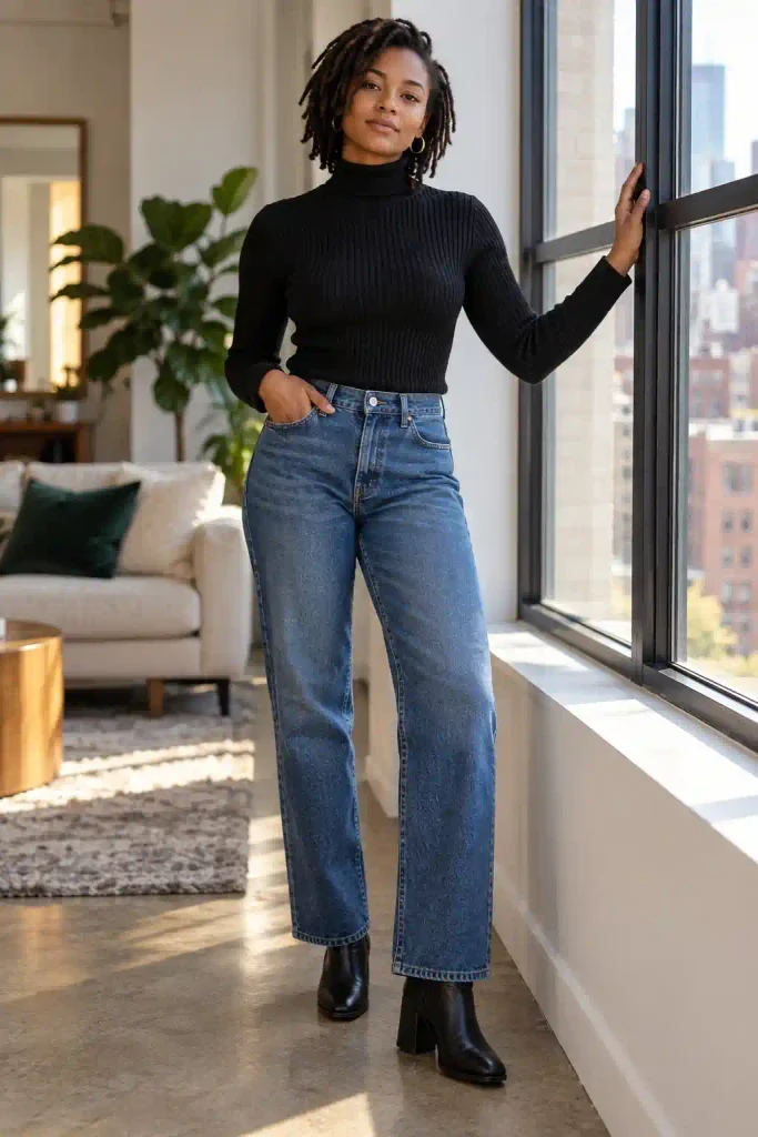 Ribbed turtleneck with straight-leg denim