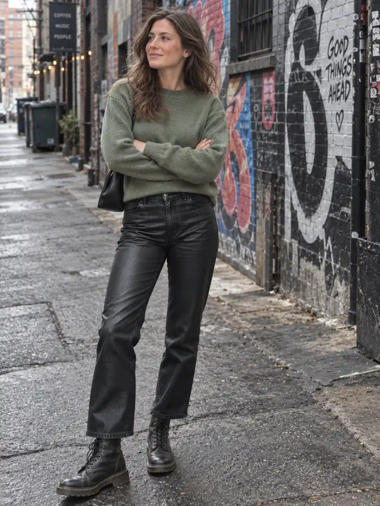 Sage sweater with leather-