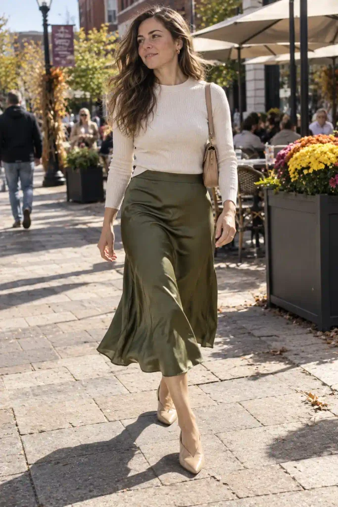 Satin midi skirt with a knit top