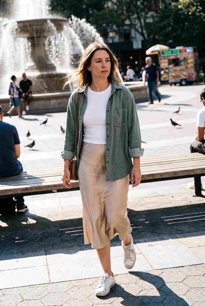 16. Satin slip skirt with an oversized flannel